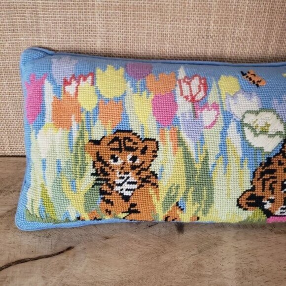 Vintage Hand-Stitched Needlepoint Pillow Tiger Cubs Tulip Flowers Baby Nursery - Picture 3 of 13